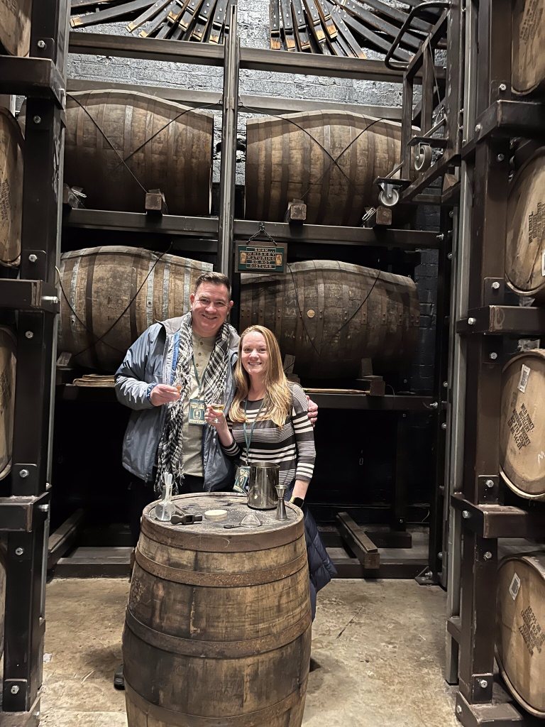 Chip and Angel in the Jameson barrel room, Dublin