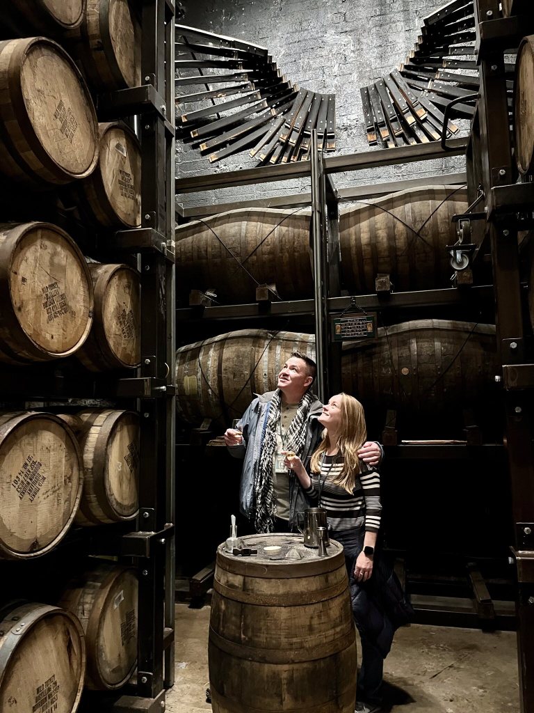 Chip and Angel in the Jameson barrel room, Dublin